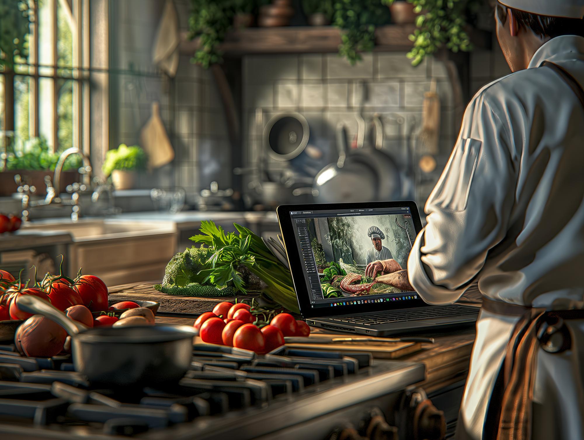 Studio cucina digitale con laptop e ingredienti
