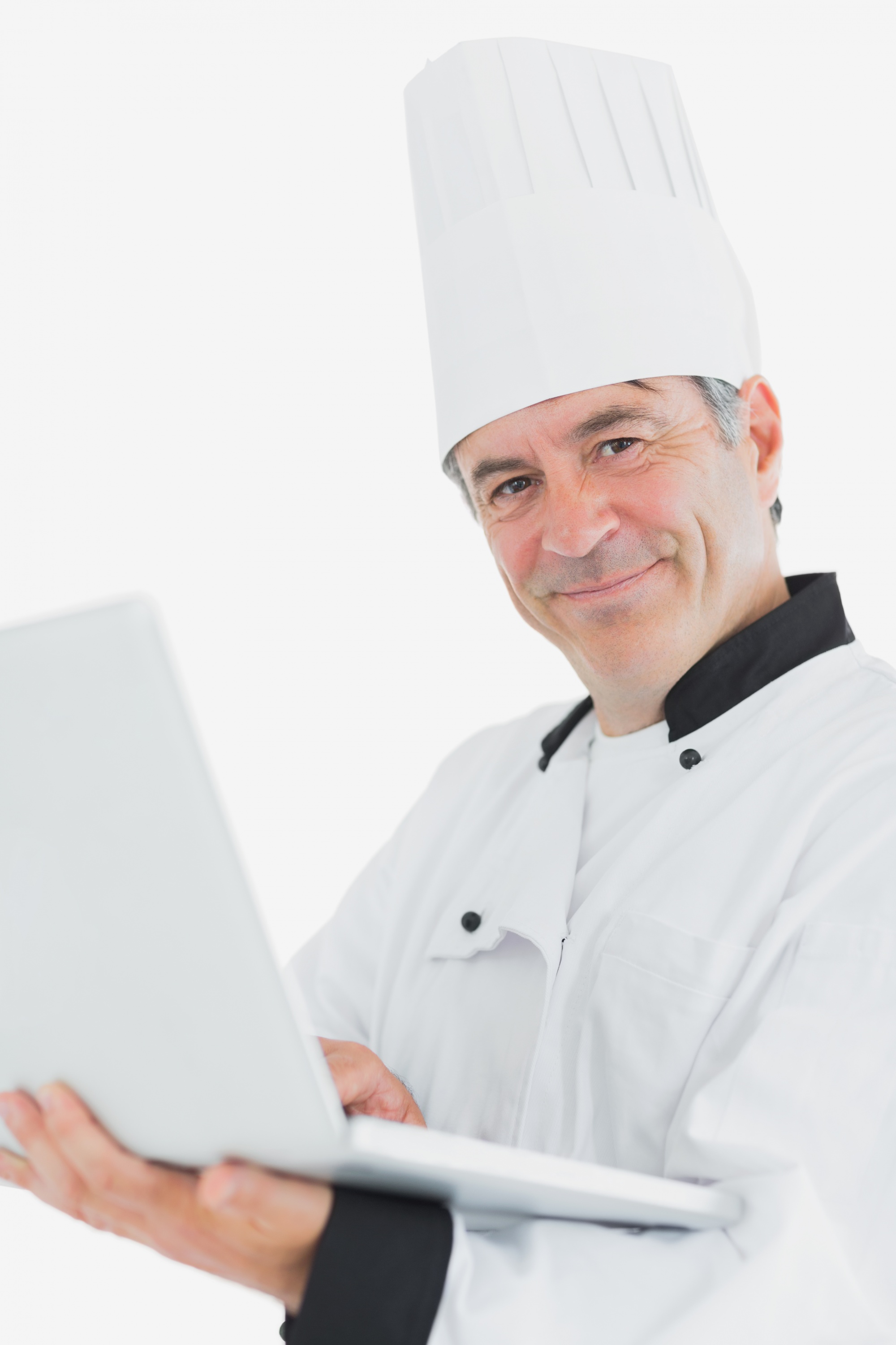 Ritratto chef che sorride durante una lezione online